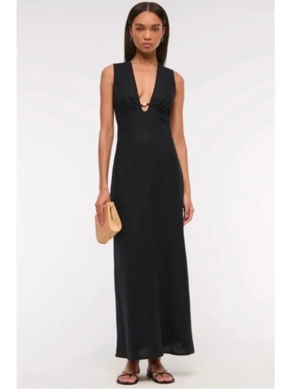 Abercrombie and Fitch Beaded Plunge Linen-Blend Maxi Dress - Picture 1 of 8
